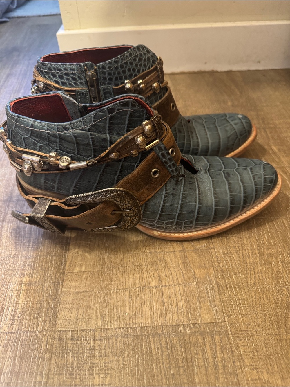 Freebird Leather Teal Croc-Textured Ankle Boots with Brown Strap Accents - Picture 2 of 8